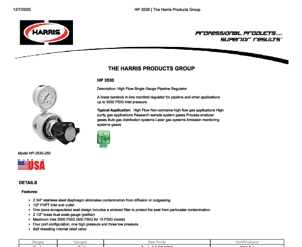 Harris HP-3530 High Flow Pipeline Regulator Station, 0-125 PSI, 1/2 ...