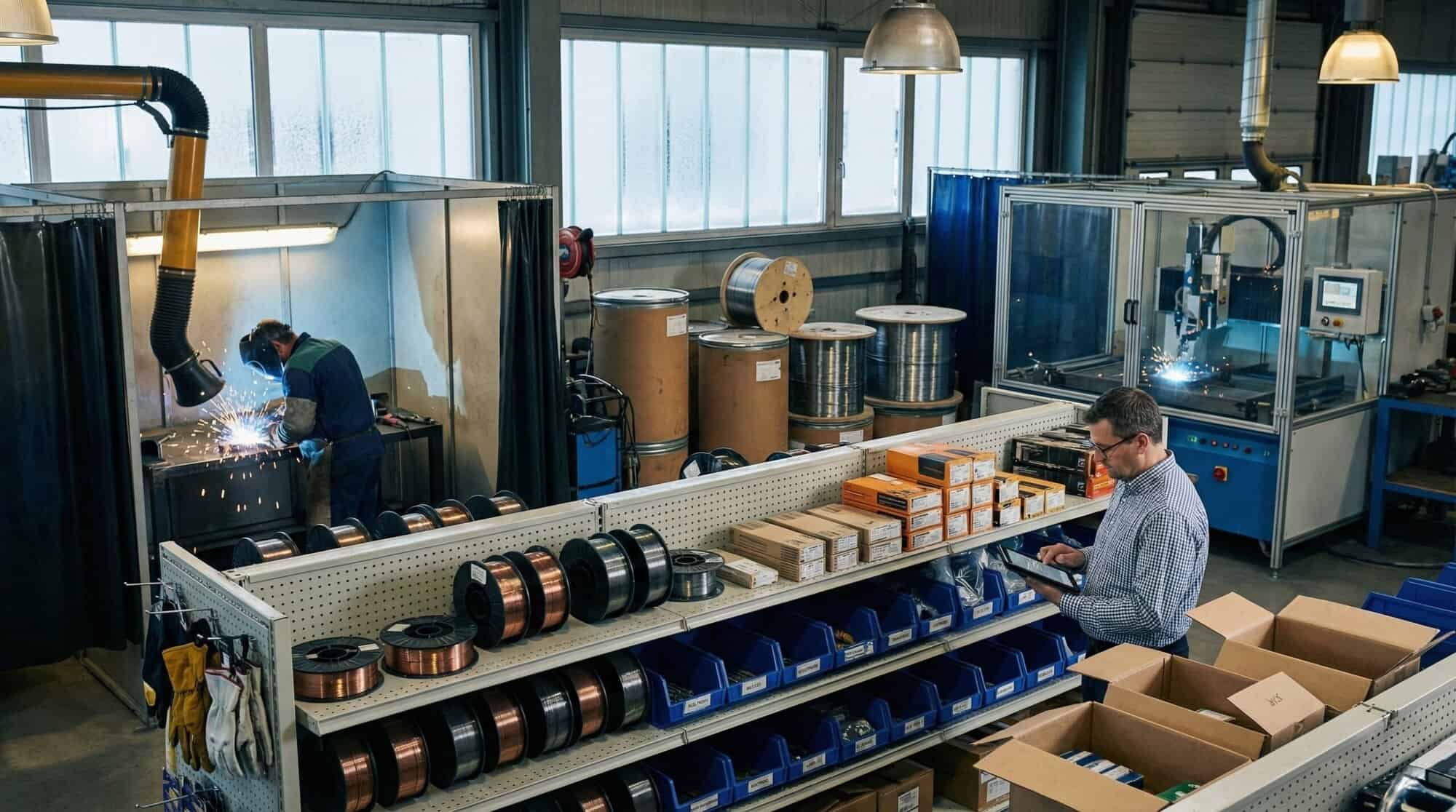 Welder working, while someone is checking inventory.