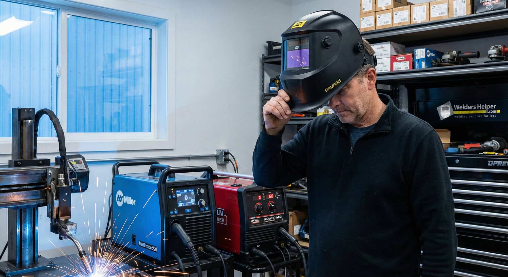 Jason stands in the office, holding his welding helmet in his hand while sparks fly in the background. His helmet is off as he takes a brief moment of focus, surrounded by the precision tools he relies on for his work. The environment reflects the level of craftsmanship and trust Jason places in his equipment—reliable, professional-grade gear that ensures safety and precision with every task.