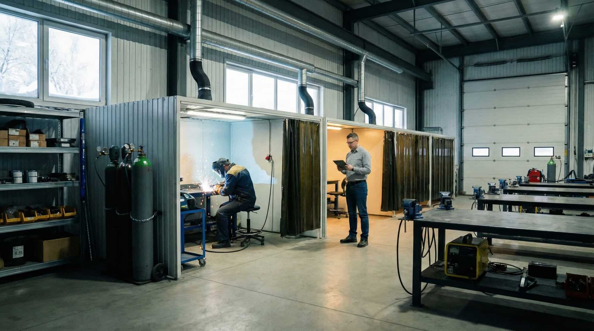 Welder working, while someone is checking inventory.