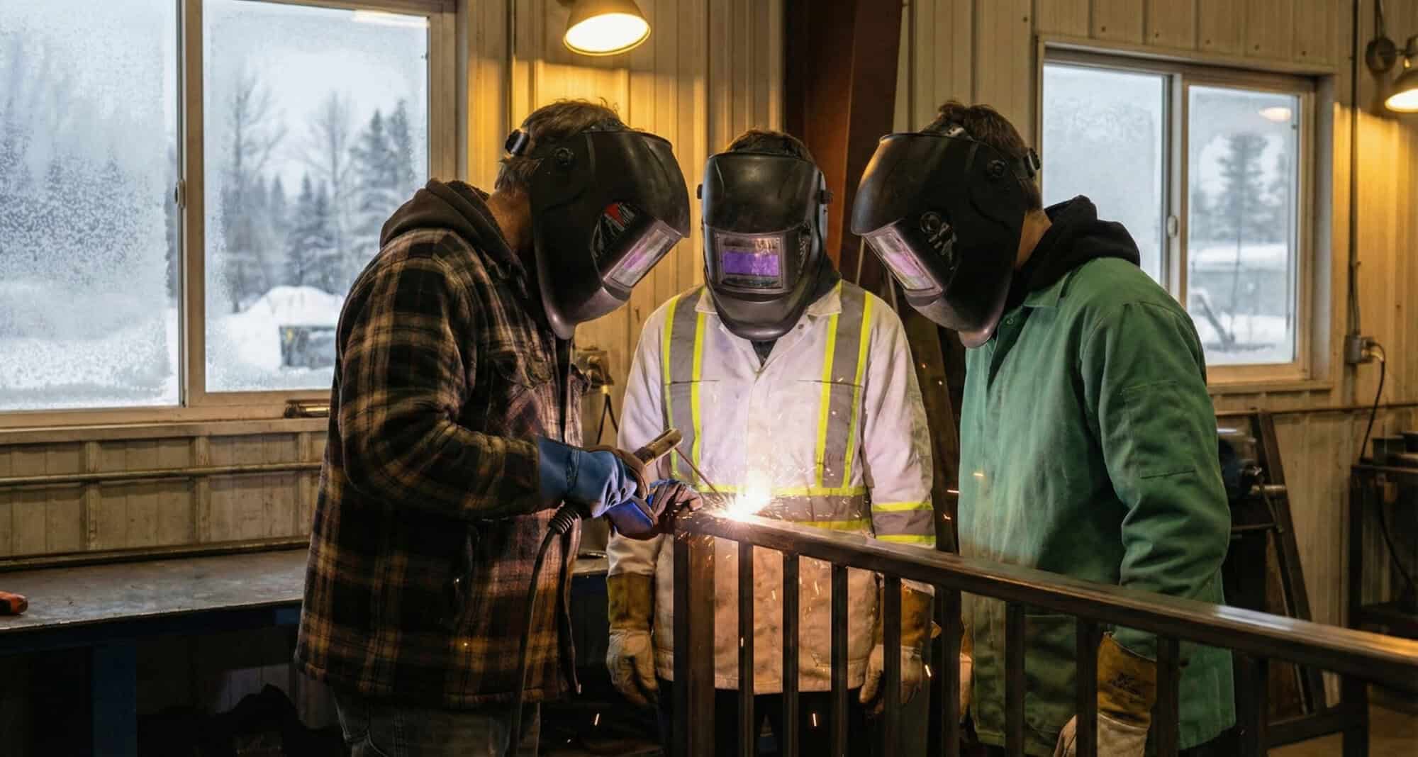 Three welders working together in the cold, standing in a group while welding. They are wearing protective gear including helmets, gloves, and jackets, with sparks flying from their welding torches.