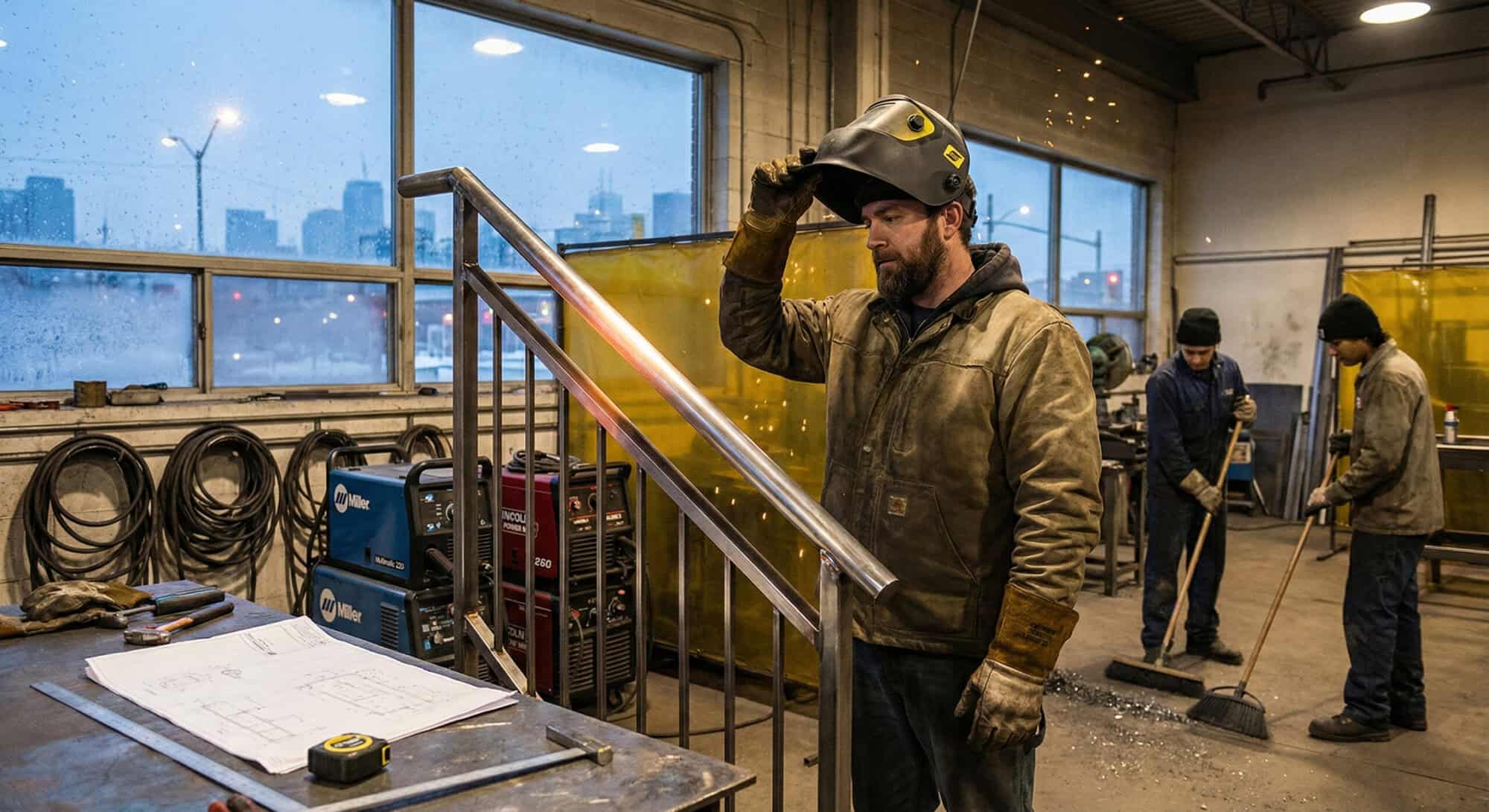 Jason stands in the foreground holding his welding helmet raised, a thoughtful expression on his face. In the background, two men are sweeping the shop floor, their movements purposeful. The scene reflects the dedication and craftsmanship that defines Jason’s work—a legacy built into the city’s infrastructure, enduring through time and the elements.