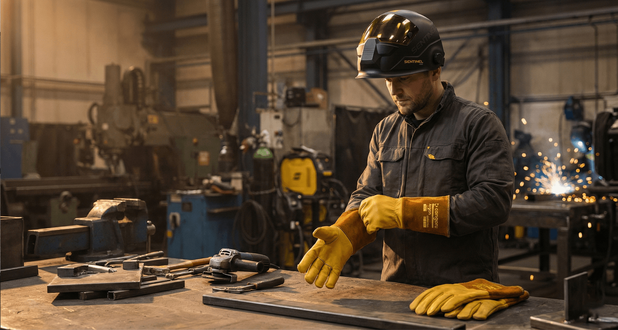 A welder equiping his gloves to get ready for work.