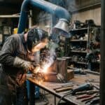 Welder welding, with a exhaust fan running extracting all toxic fumes