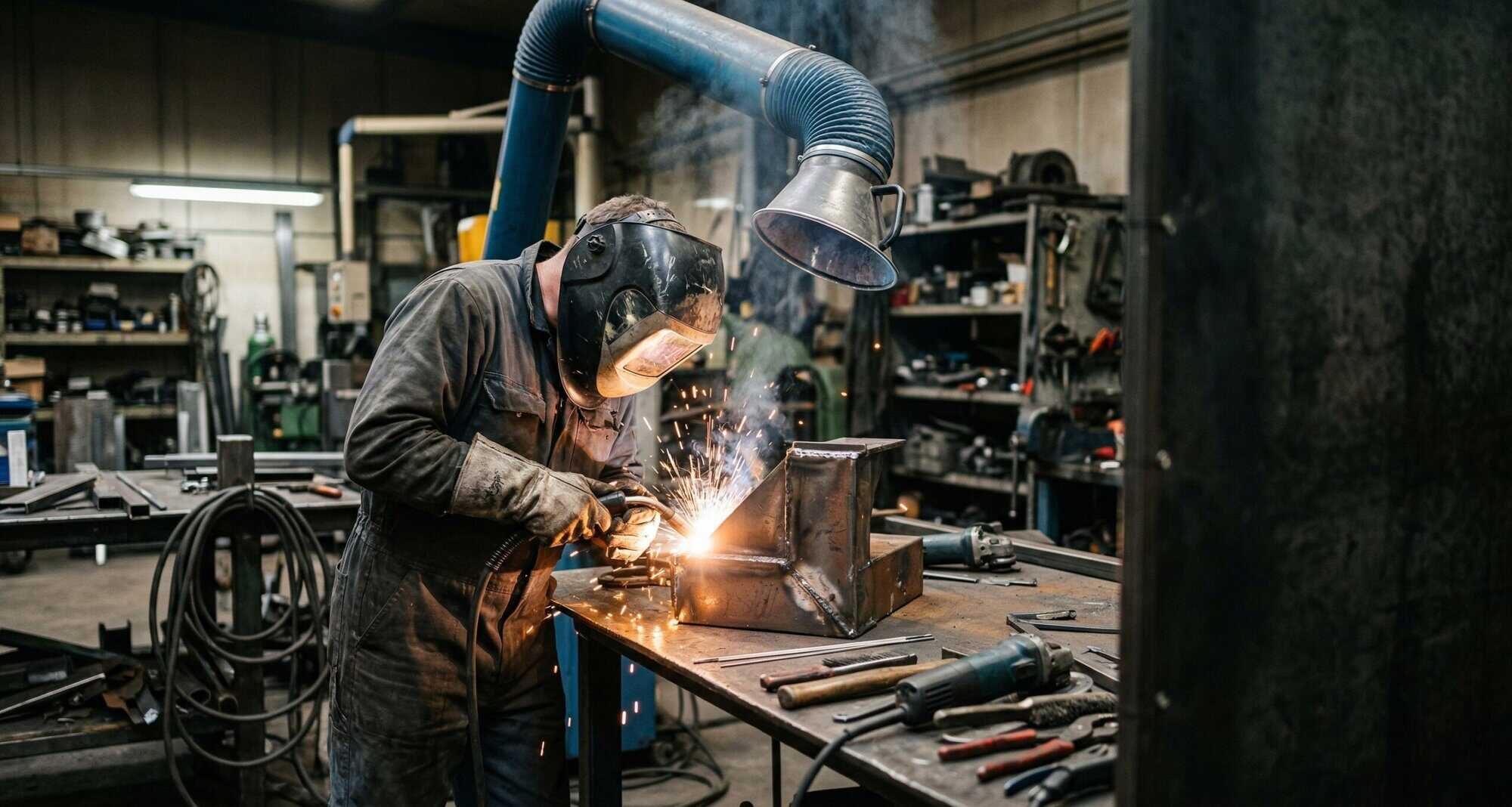 Welder welding, with a exhaust fan running extracting all toxic fumes