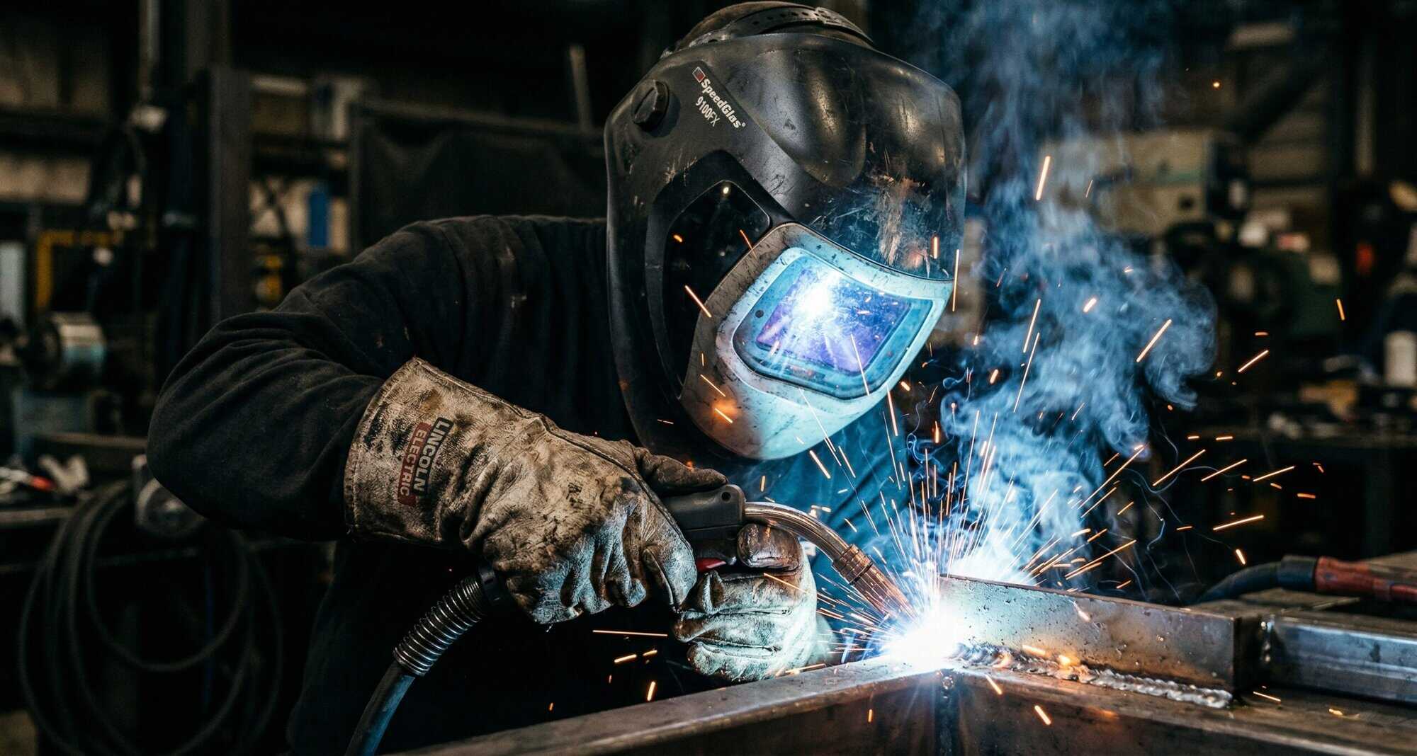 Welder welding, with blue sparks and fumes coming from the work. The welder is equipped with a mask.