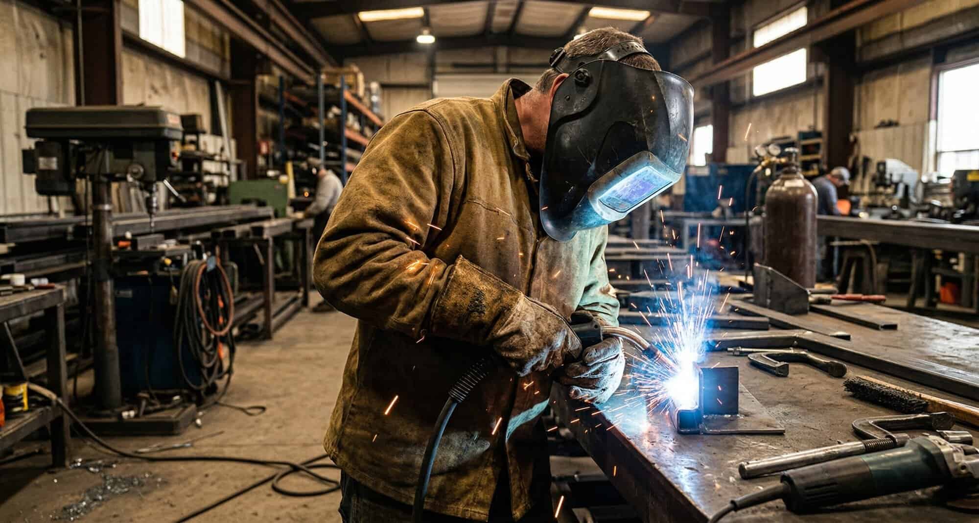 Welder welding with blue sparks from the heat of the work.