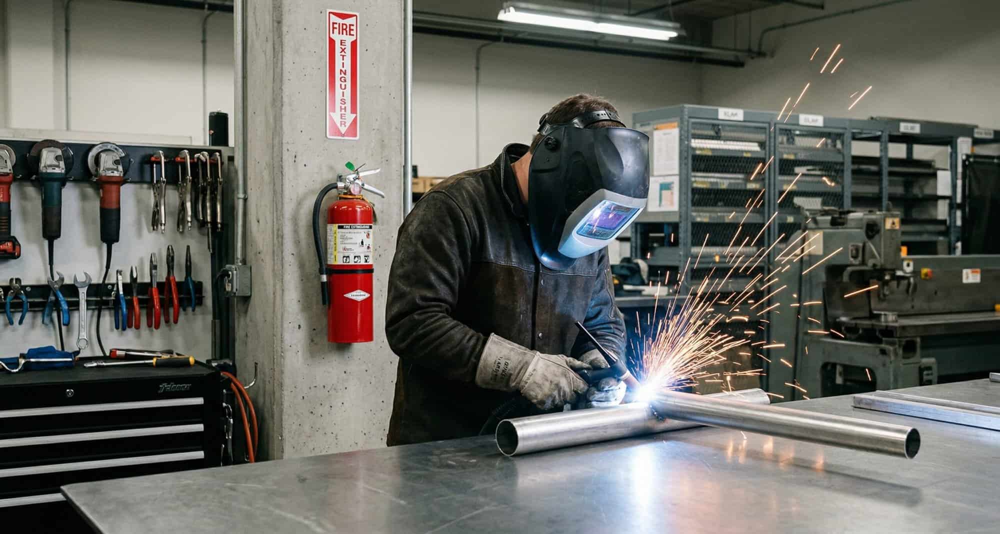 Welder properly equipped to work, with sparks flying in every direction.