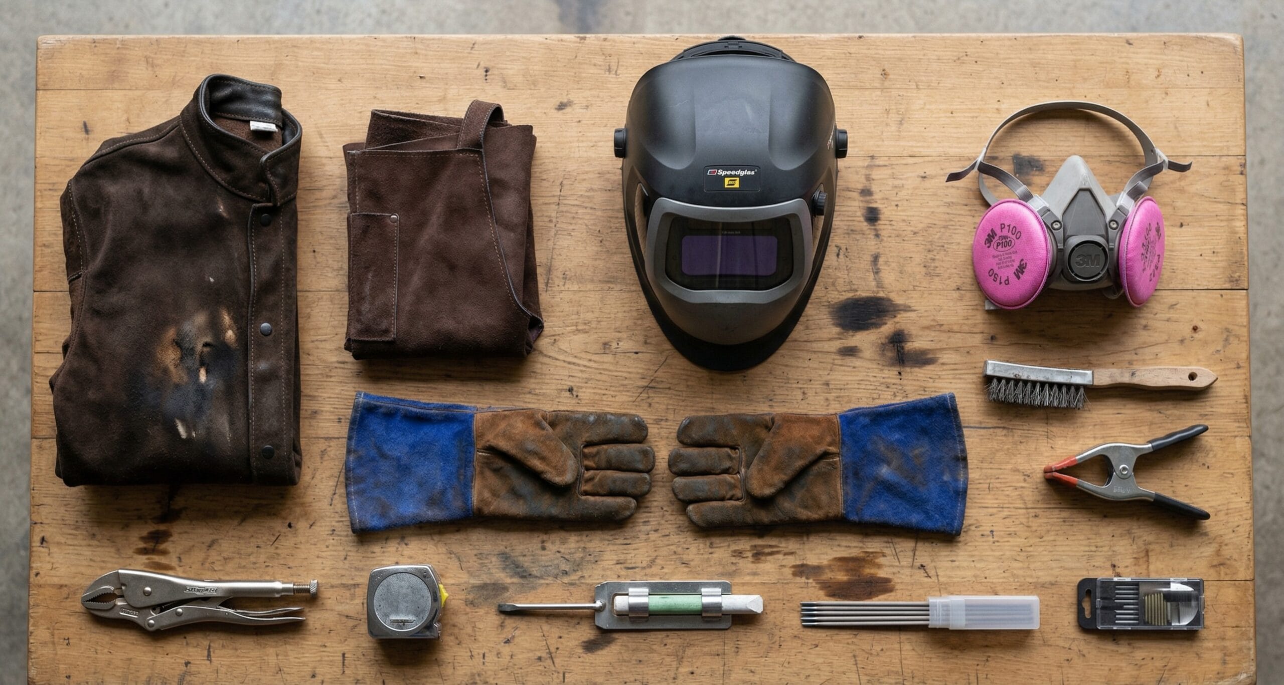Welding equipment laid neatly out on a table