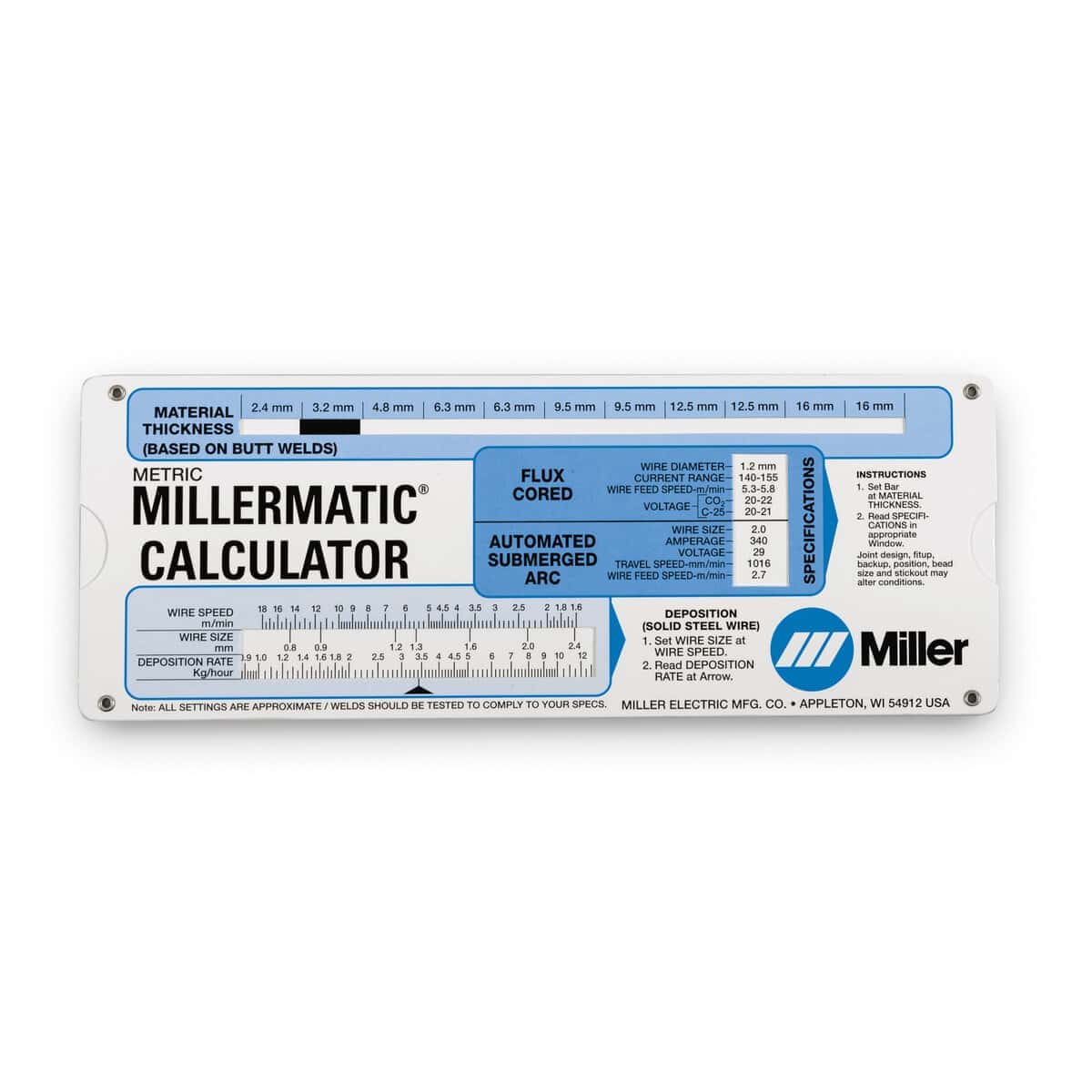 Miller Millermatic Metric MIG Welding Parameter Slide Rule Calculator