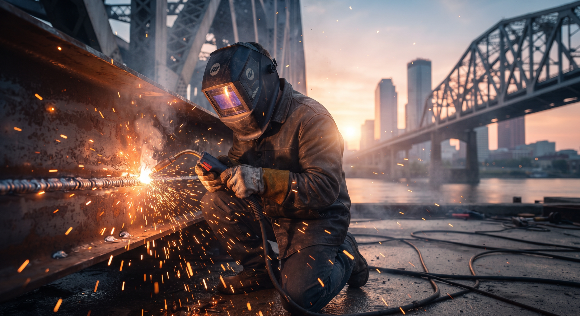 Welder in action, working on a bridge