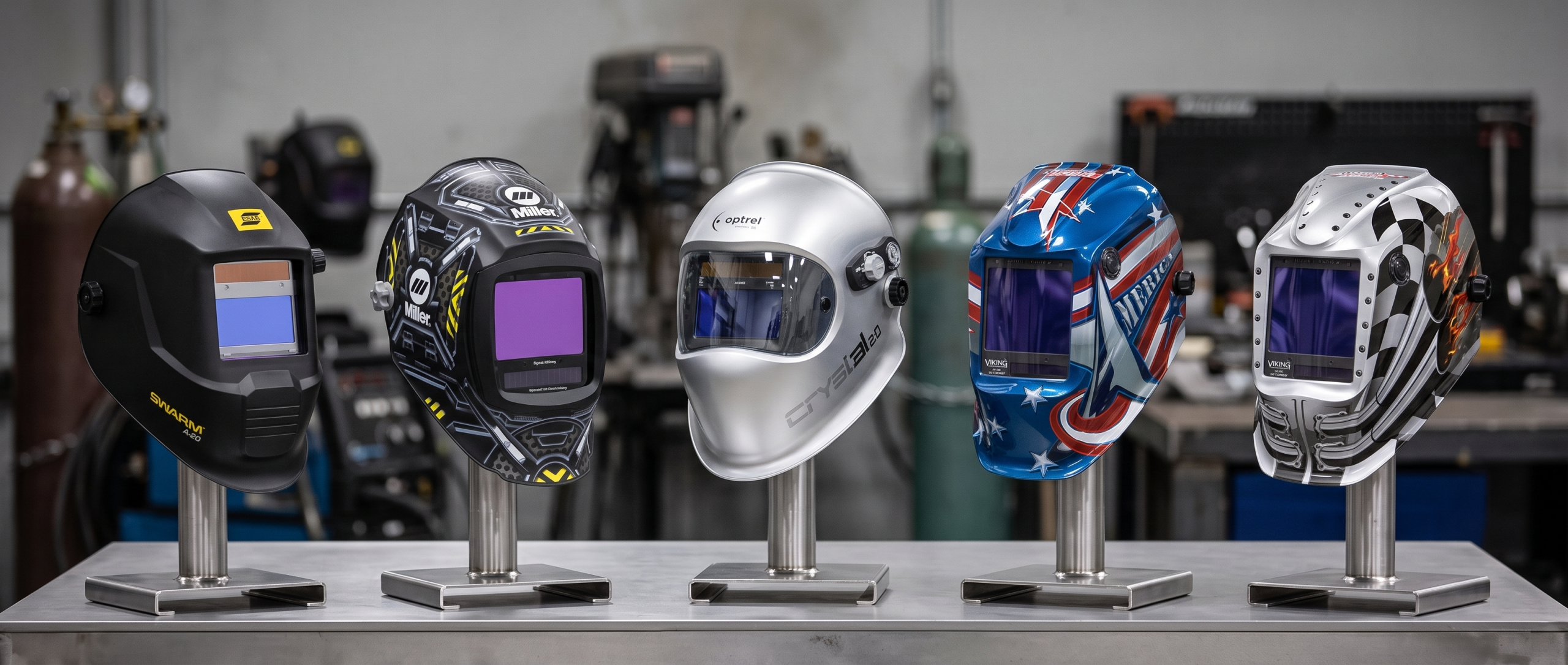 Pictured is various welders helmets, which are on display.