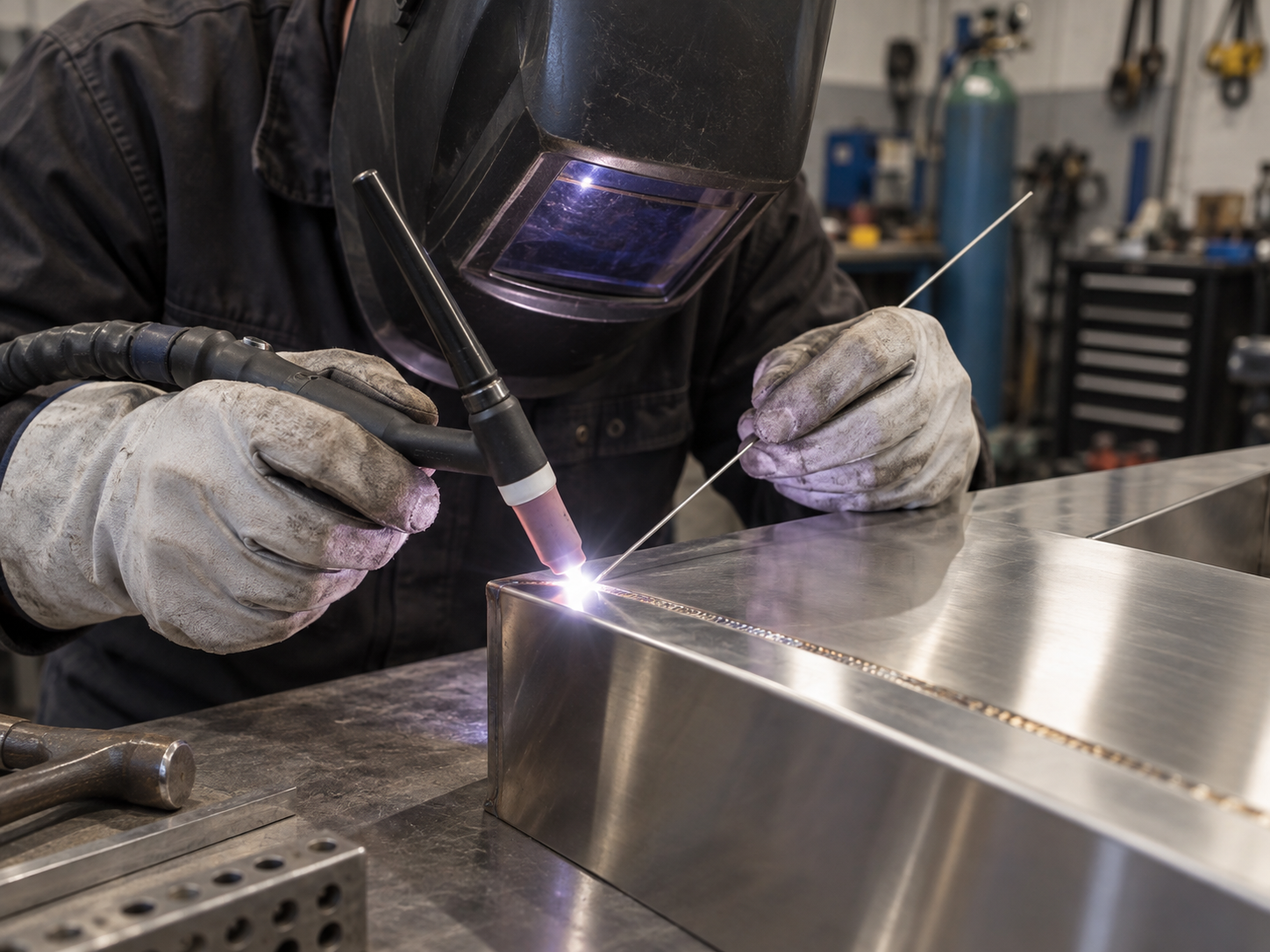 Welder using a TIG torch to make a precise weld on stainless steel